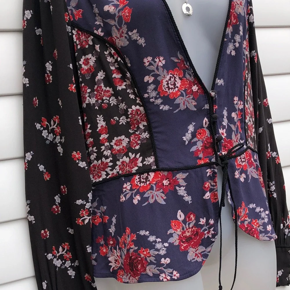 Free People Navy Floral Tie-Front Blouse with Black Sheer Sleeves